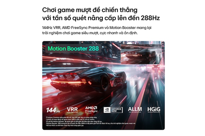 LG QNED evo AI QNED82 Mini LED for Ultimate Gameplay shows a vibrant, high-speed racing scene with a blurred comparison inset highlighting Motion Booster 288, while supporting 144Hz, VRR, AMD FreeSync, ALLM, HGiG, and GeForce NOW.